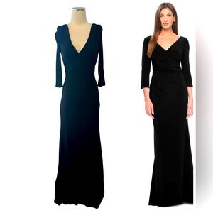 David Meister ($350) Black V-Neck 3/4 Sleeve Bodycon Formal Dress Sz 12